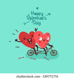 Two happy hearts in love biking. Happy Valentine's day Card