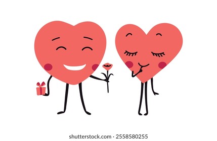 Two happy hearts in love. Cartoon heart characters. Valentines Day design concept. Romantic illustration card poster