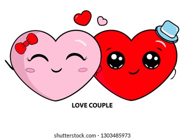 Two happy hearts in love. Hearts Couple in love concept. Cute hearts characters. Vector card for or Valentine's Day. Hand drawn lettering "Share your love." Hearts love a couple of Kawai characters