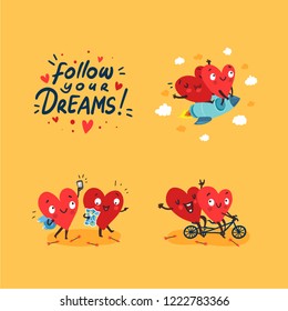 Two happy hearts in love. Cute married couple traveling together. Hand Drawn Lettering "Follow Your Dreams". Happy Valentine's day vector card