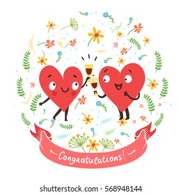 Two happy hearts in love drinking red wine on background with flowers and ribbon with "Congratulations!" text. Vector card for wedding, date or Valentine's day