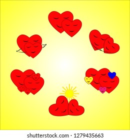 Two happy hearts in love. Lovely loving couple doing actions together: hug, dance, sunbathe. Valentine's Day. Vector graphics