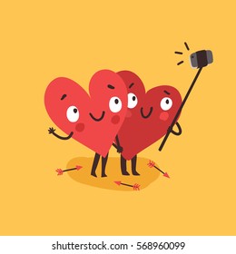 Two happy hearts making selfie on yellow background. Vector card for wedding, date or Valentine's day.