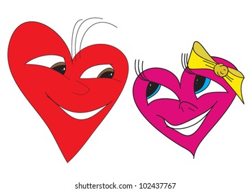 Two happy hearts on white background