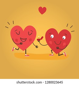 Two happy hearts, proposes a woman to marry. Cute couple in love. Happy Valentine's day vector card