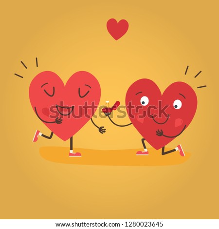 Two happy hearts, proposes a woman to marry. Cute couple in love. Happy Valentine's day vector card