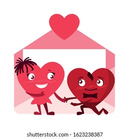 two happy hearts red with envelope,, valentines day card vector illustration design