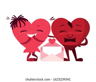 two happy hearts red with envelope,, valentines day card vector illustration design