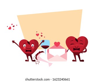 two happy hearts red with envelope,, valentines day card vector illustration design