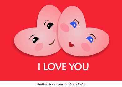 Two happy hearts for Valentine's day on a red background, smiling.