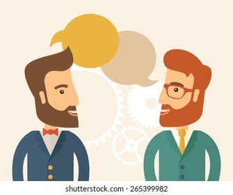 Two happy hipster Caucasian men with beard facing each other wearing jacket sharing and gathering ideas with bubble text on the top of their heads. Team building concept. A contemporary style