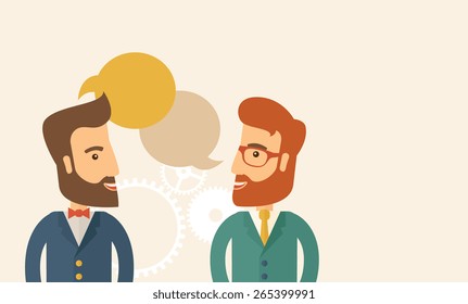 Two happy hipster Caucasian men with beard facing each other wearing jacket sharing and gathering ideas with bubble text on the top of their heads. Team building concept. A contemporary style