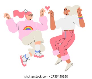 Two happy jumping woman in trendy flat style for print, emblem, logo isolated. Concept of lesbian or bisexual couple or marriage, best friends, lgbt, love and romance. Girl in jersey with rainbow.