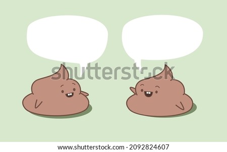 Two happy kawaii poops chating with each other. Speech bubbles are empty. Isolated on green background.