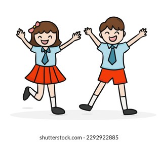 two happy kids, boy and girl student in elementary school uniform. Back to school concept.