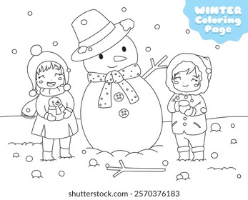 two happy kids building snowman on snowy winter day. Winter holiday, printable coloring page for kids template cartoon vector.