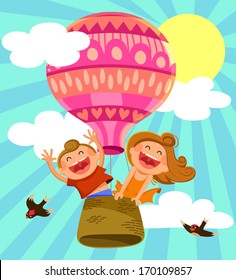 two happy kids flying in a hot air balloon