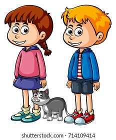Two happy kids with gray cat illustration