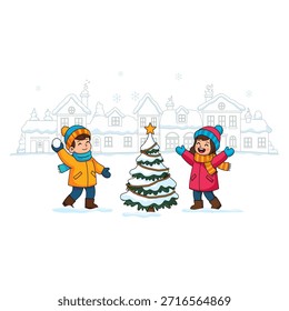 Two happy kids having fun playing with snowballs near a decorated Christmas tree with a snowy village house background.