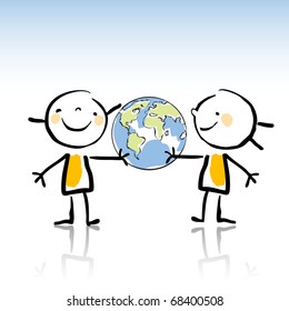 two happy kids holding the globe vector illustration,peace on earth concept in children's drawing style series. see more images related