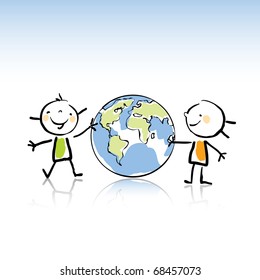 two happy kids holding the globe vector illustration,peace on earth concept in children's drawing style series. see more images related