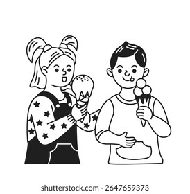 Two happy kids with ice cream cones in hand. Smiling faces express joy. Simple black and white style highlights playful childhood. Perfect for family themes.