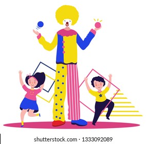 Two happy kids play with a Joker clown while birthday party april fools illustration