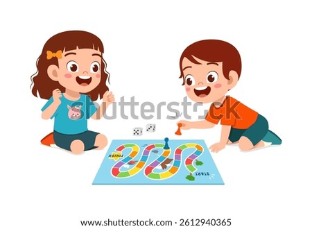 Two Happy Kids Playing a Board Game Together with Dice and Game Pieces in a Cartoon Style