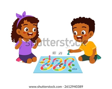 Two happy kids playing board game together with smiles and excitement on a colorful board