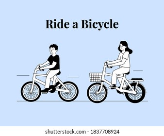 Two Happy Kids Playing Ride a Bicycle on Flat Outline Illustration