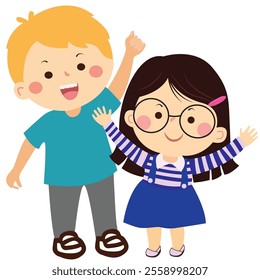 two happy kids playing vector art waving hello kids illustration
