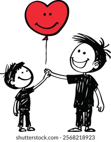 Two happy kids sharing a heart-shaped balloon.  A cheerful illustration perfect for friendship, or childhood themes.