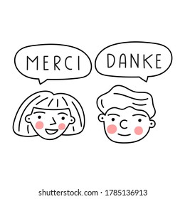 Two happy kids speaking in different languages. Merci and Danke it's thank you in French and German. Hand drawn vector illustration on white background.