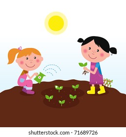 Two happy kids watering and planting plants in the garden. VECTOR