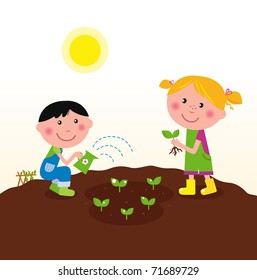 Two happy kids watering and planting plants in the garden. VECTOR
