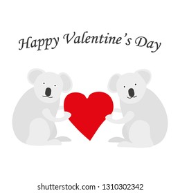 Two happy koala bears holding red heart on their paws with Happy Valentine's Day text above - Vector 