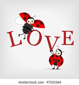 two happy ladybugs holding big letters LOVE