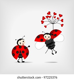 two happy ladybugs holding red flower - vector