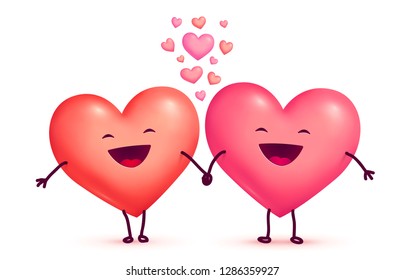 Two happy laughing holding hands cute lovely hearts, vector Valentines day greeting cart elements