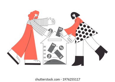 Two happy lgbtq women buy a property with mortgage loan, paying rates. Own real estate for gay family concept vector flat isolated illustration.