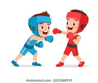 Dois meninos felizes boxe em vermelho e azul engrenagem socando uns aos outros com expressão sorridente