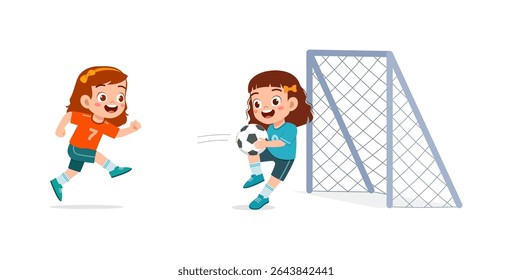 Duas meninas felizes jogando futebol juntas perto do poste do gol no fundo branco
