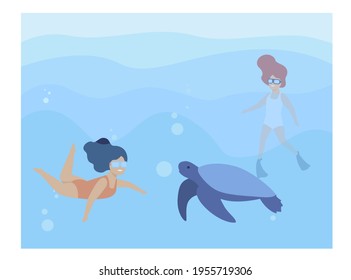 Two happy little girls swimming with turtle. Swimsuit, mammal, underwater flat vector illustration. Marine animals and vacation concept for banner, website design or landing web page