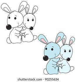 two happy little hugging rabbits cartoon, line art, coloring with color version