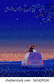 Two Happy lovers sitting on the roof of the car and look at the city at night. Modern design stylish illustration. Retro flat vector background. Valentine's Day Card.