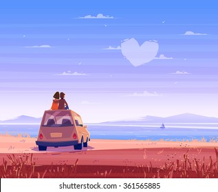 Two Happy lovers sitting on the roof of the car and look at the sea. Modern design stylish illustration. Retro flat vector background. Valentine's Day Card.