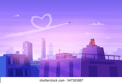 Two Happy lovers sitting on the roof. Modern design stylish illustration. Retro flat vector background. Valentines Day Card.