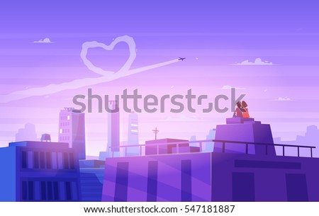Two Happy lovers sitting on the roof. Modern design stylish illustration. Retro flat vector background. Valentines Day Card.