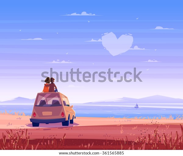 2人の幸せな愛人が車の屋根に座って海を見た モダンデザインのスタイリッシュなイラスト レトロな平らなベクター画像の背景 バレンタインデーカード のベクター画像素材 ロイヤリティフリー