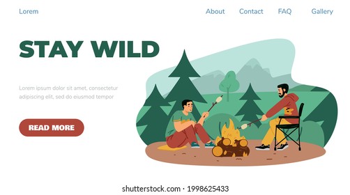 Two happy male characters rest near campfire and fry marshmallow. Camping and hiking outdoors, adventure and travel at nature. Vector illustration. Landing page template.